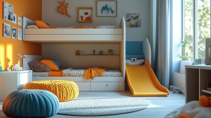 A modern bunk bed with a slide, set in a fun and imaginative children's room.