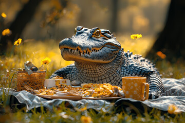 Wall Mural - A crocodile having a picnic in a park, enjoying food with friends on a blanket, reflecting social activities. Concept of relaxation.