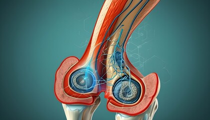 Futuristic digital illustration of knee joint highlighting pain points, showcasing biomechanics and advanced medical research concepts