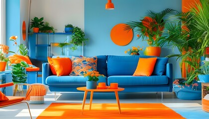 Vibrant modern living room with blue and orange accents, stylish furniture, and lush indoor plants creating a cheerful atmosphere