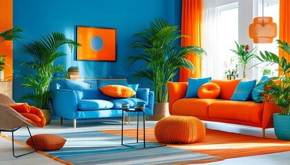 Vibrant modern living room with blue and orange accents, stylish furniture, and lush indoor plants creating a cheerful atmosphere