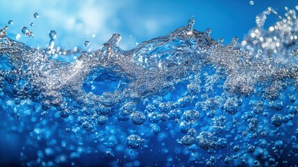 A cascade of sparkling bubbles and water droplets, dancing on a surface of vibrant blue liquid