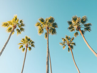 Tall palm trees swaying against a clear blue sky.


