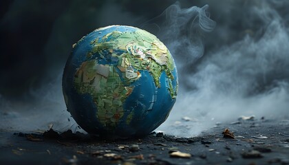 Wall Mural - Globe of Earth on dark, smoky surface symbolizing fragility and potential threats to our planet