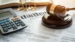 © PixelPlace - Close-up of legal documents with a gavel, calculator, and scales of justice, symbolizing law, finance, and legal decisions.