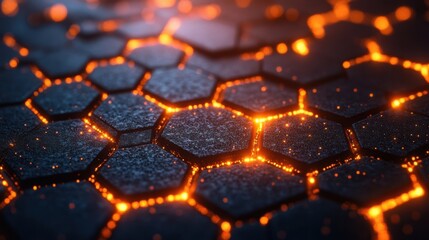 A close-up abstract image of glowing hexagonal tiles with a textured surface, representing a futuristic and technological concept