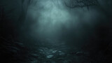 A dark forest with a foggy mist and a path through it