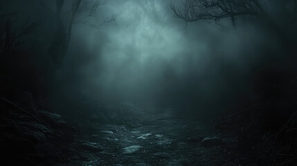 a dark forest with a foggy mist and a path through it