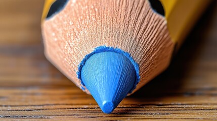 A close-up view of a sharpened blue pencil point on a wooden surface, showcasing the intricate details of the wood and the vibrant color of the lead