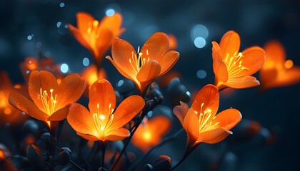 Ethereal orange blossoms illuminated by shimmering lights against a dark backdrop