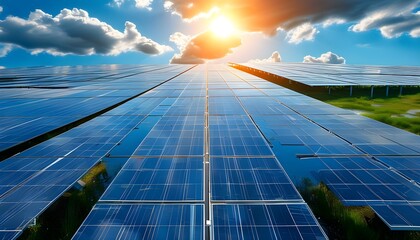 Wall Mural - Sunny day with vibrant blue sky and fluffy clouds illuminating a large solar panel