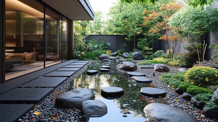 Tranquil garden with stepping stones and serene water features.