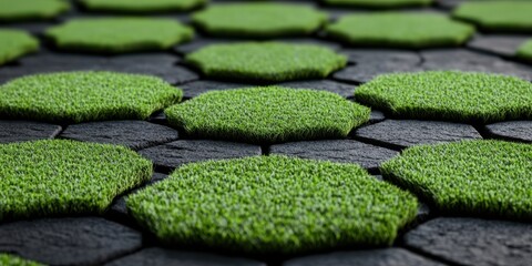 A close-up view of lush green grass growing on a hexagonal stone path, creating a textured and vibrant visual contrast