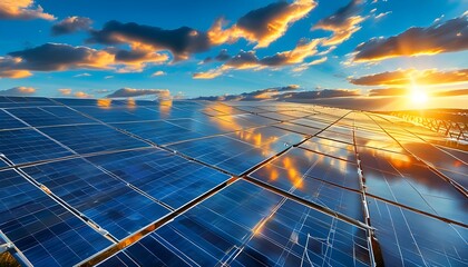 Wall Mural - Sunny day with vibrant blue sky and fluffy clouds illuminating a large solar panel