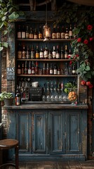 Wall Mural - Rustic Bar Interior With Vintage Bottles and Wooden Shelves