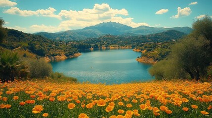 Sticker - Serene Lake Landscape with Blooming Flowers