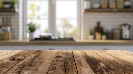 Wall Mural - Empty wooden table top with blurred kitchen interior background for product display montage