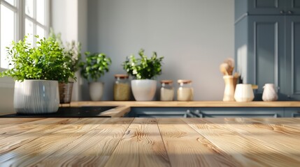 Wall Mural - Empty wooden table top with blurred kitchen interior background for product display montage