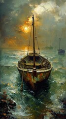 Wall Mural - Solitude at Sea: A Tranquil Sunset Painting