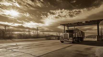 Vintage Truck at Abandoned Gas Station Under Dramatic Sky