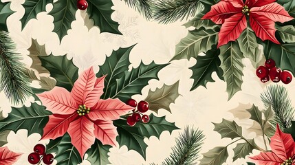 Wall Mural - Winter seamless pattern with holly berries.
