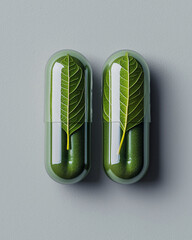 Two green capsules with leaves symbolizing natural supplements