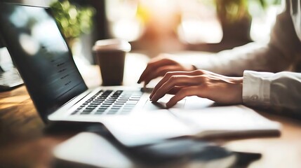 Poster - Close-Up of Businessperson Typing on Laptop with Coffee and Notepad