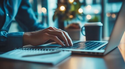 Poster - Close-Up of Businessperson Typing on Laptop with Coffee and Notepad