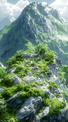 Sticker - Majestic Mountain Peak with Lush Greenery and Mossy Rocks