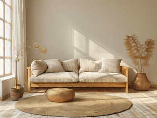 Wall Mural - A cozy minimalist living room featuring wooden sofa with soft cushions, round woven rug, and decorative plants. warm sunlight enhances serene atmosphere