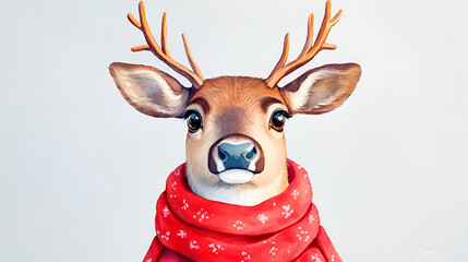 Noel reindeer with a red scarf, big eyes, watercolor, isolated on white, soft pastels, close-up, joyful pose concept happy noel, concept happy Christmas