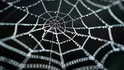 A close-up of a delicate spider web, adorned with shimmering water droplets against a dark background. It showcases nature's beauty and intricacy, ideal for artistic or environmental use.