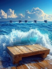 Wall Mural - Wooden pier with crashing waves under a vibrant blue sky with fluffy clouds and distant structures at sea on a sunny day