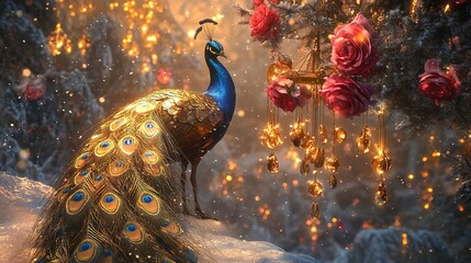 A stunning golden peacock gazes at vibrant rose wind chimes adorning a love tree in a winter landscape. Its long, flowing tail gracefully rests upon the snow, illuminated by warm lights.