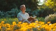 © anantachat - A senior man sitting in a garden surrounded by nature smiling while reading a book on a quiet afternoon Large space for text in center Stock Photo with copy space