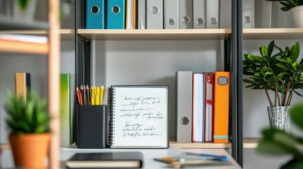 A notebook with handwritten notes, placed on a neatly organized office shelf next to files and motivational quotes.