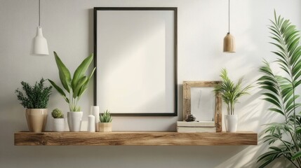 A picture frame displayed on a floating shelf, with decorative items and plants arranged artistically around it in a stylish living room.