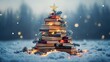 © Utpal - Holiday book sale featuring a festive Christmas tree made from colorful stacked books