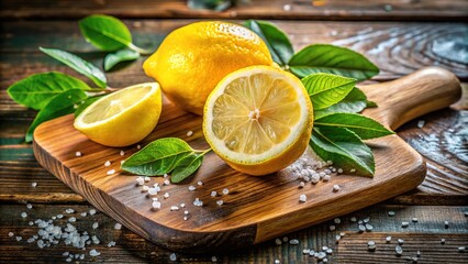 A bright yellow lemon slices on a rustic wooden cutting board, surrounded by fresh green leaves and a sprinkle of salt, evoking a sense of summer freshness.