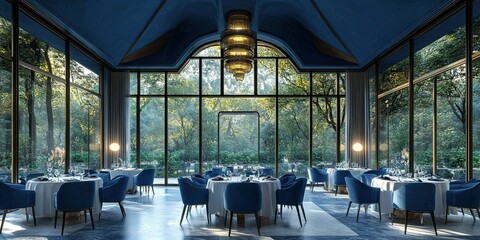 futuristic blue restaurant with large windows, peaked and high ceiling and aesthetic classic chandelier, combine the classic and modern style elements with beautiful natural view 