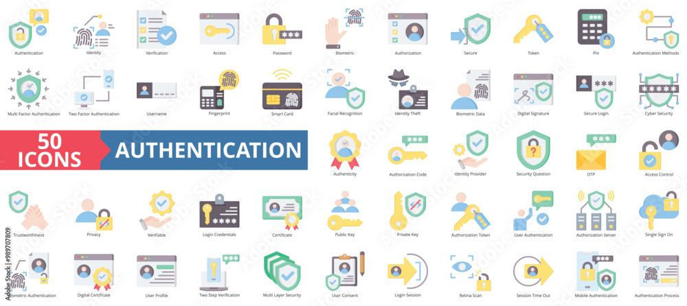 Authentication icon collection set. Containing identity, verification, access, password, biometric, authorization, secure icon. Simple flat color illustration.