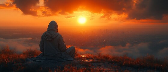 A lone figure sits on a cliff overlooking a city shrouded in mist at sunset.