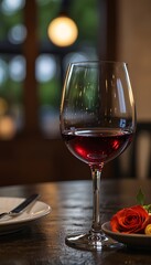 A close-up of a wine glass with a blurred background of a romantic restaurant setting