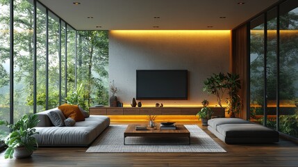 Poster - Modern Living Room with Forest View