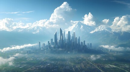 City skyline with modern architecture under a bright blue sky