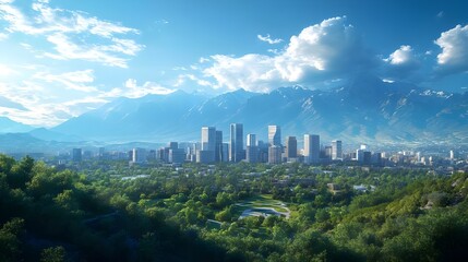 Daytime view of a city skyline under a clear blue sky