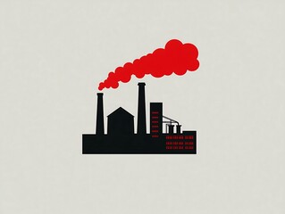 Wall Mural - Industrial Factory Silhouette Emitting Red Smoke on Beige Background