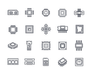 Set of Electronics Related line Icon. Simple symbols with microchip, processor and circuit. Different electronic modules. Editable stroke. Outline vector illustration collection isolated on background