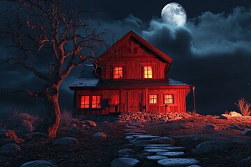 luxury red haunted two storey house with sloping wooden walls, dry leafless tree, elegant light and stack stones floor isolated on dark background 