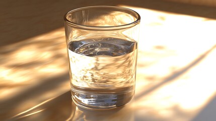 Glass of Water with Sunlight Reflections and Warm Shadows